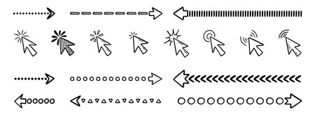 Doodle click icon and hand drawn arrows set. Doodle line mouse cursor.のイラスト素材