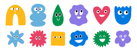 colorful abstract funny characters shape cartoon doodle set. Trendy retro 90s style art collection with faces drawing.のイラスト素材