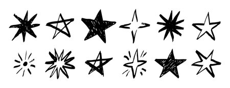 Monochrome crayon stars set collection doodle hand drawn icon. Outline drawing star line clipart symbol.のイラスト素材
