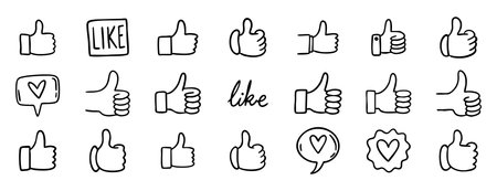 Thumbs up like doodle hand drawn icon set. Social media approval button. Hand gesture vector illustration for web designのイラスト素材