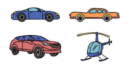 Set of transport retro car sedan crossover helicopter, hand drawn doodleのイラスト素材
