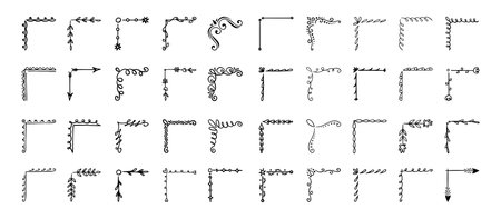 Doodle hand drawn corner border set with different shapes. Flourish, flower decoration. Isolated vector illustration for wedding, greeting banner design. sketch style Corners drawn by brush, pen.のイラスト素材