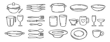 dishes dinnerware doodle hand drawn icon set. Plate, glass and cup, mug, bowl. Outline drawing tableware for kitchen line clipart symbol collectionのイラスト素材