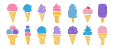 cute ice cream various set. Hand drawn cartoon ice cream colored trendy collection. ice cream clipart illustrationのイラスト素材