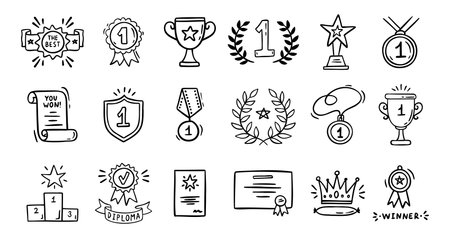 Awards doodle, trophy cups, first place medals and diploma set. Hand drawn champion trophy cup and gold medal. Drawing award decorative isolated icons.のイラスト素材