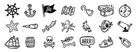 pirate adventure and sea elements. ship, coins, bottle, anchor doodle hand drawn icon set. Outline drawing pirate sea adventure line clipart symbol collectionのイラスト素材