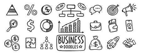 business doodle hand drawn icon set. Outline drawing business line clipart symbol collectionのイラスト素材