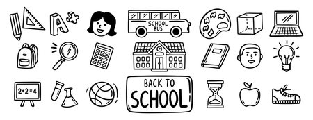 Back to School doodle hand drawn icon set. Outline drawing school items line clipart symbol collectionのイラスト素材