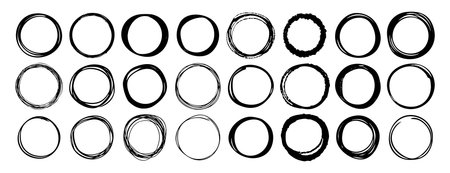 Abstract hand drawn vector circles, round shapes, scribble swirl minimalist elements for design, background logo rough ink drawingのイラスト素材