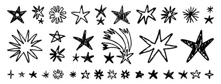 Set stars and meteorite doodle style drawn by hand. Grunge scrawls, charcoal scribbles, rough brush strokes, underline. Bold charcoal freehand stars. Crayon or marker scribbles, hand drawn. Suitable.のイラスト素材