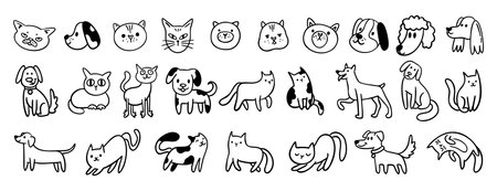 cute dogs and cats doodle hand drawn icon set. Sitting, standing. Outline drawing cats and dogs faces line clipart symbol collectionのイラスト素材