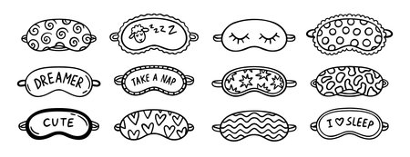 cute sleeping mask doodle hand drawn icon set. Outline drawing line clipart symbol collectionのイラスト素材