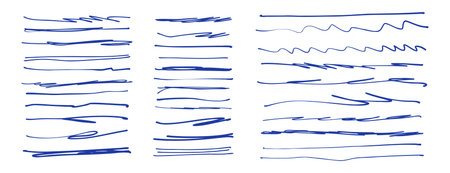 Hand drawn blue pen underline strokes. freehand pen stroke sketch brush scribbles, ink marker squiggle lines.のイラスト素材
