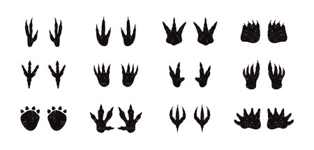 Dinosaur footprint silhouette textured grunge doodle hand drawn icon set. Drawing line clipart symbol collectionのイラスト素材