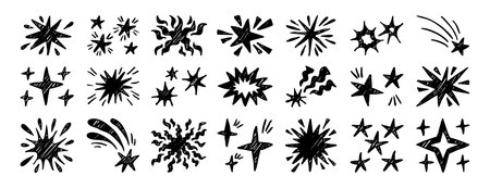 Monochrome stars set collection doodle hand drawn icon. Outline stars drawing star line clipart symbol.のイラスト素材