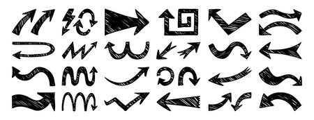 Thick arrow monochrome icons set collection doodle hand drawn icon. Outline drawing curve line clipart symbol.のイラスト素材