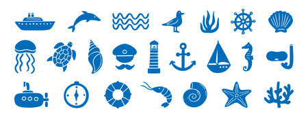 hand drawn doodle sea silhouette elements. marine ships, sailors and underwater plants, shells, starfish and corals.のイラスト素材
