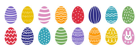 Cute cartoon easter egg decorated with dots, stripe, line, ornaments or Easter design. doodle colorful egg Easter set.のイラスト素材