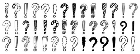Doodle exclamation mark and question marks set. Hand drawn drawing punctuation symbols, creative ink stroke question exclamation mark icon set.のイラスト素材