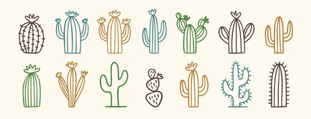 Collection of doodle wild west cactus icons in minimal desert style, hand drawn cactiのイラスト素材