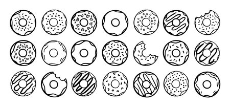 Doodle donuts set. hand drawn outline donut icons. Collection of cute doughnuts. Donut Doodles Sketch of cute donuts.のイラスト素材
