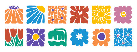 hand drawn poster abstract flowers groovy retro style. floral square botanical icon. freehand naive bright 70s styleのイラスト素材