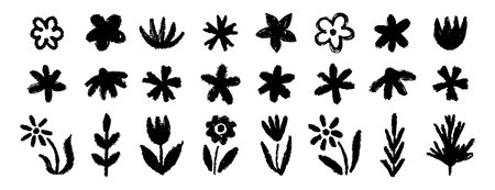 Grunge trendy doodle flowers leaves set. Hand drawn brush flowers crayon, chalk texture. Flowers textured collectionのイラスト素材