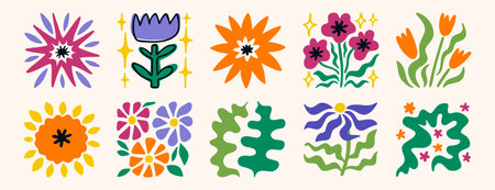 Creative flower poster style collection, bold colorful floral illustrations in square layoutのイラスト素材
