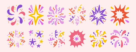 Firework pink girly set collection doodle hand drawn icon. Outline drawing burst line clipart symbol.のイラスト素材
