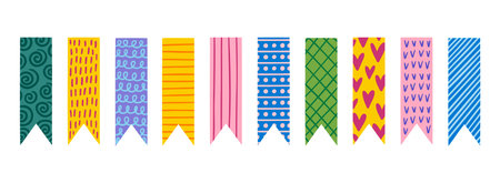 Colorful decorative tape patterned tape strips, cute scotch tapes, bookmarks. Cute pieces tape set. Scrapbooking element for creative digital collages.のイラスト素材