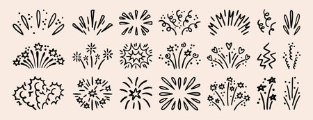 Festive firework explosion set isolated on white background. Vector illustration of hand drawn confetti burst effect, party firecracker sparks, abstract spiral doodles, lines with.のイラスト素材