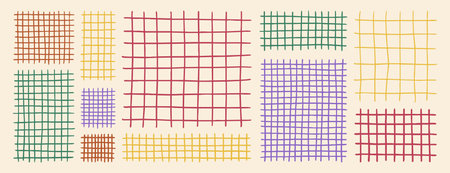 Pastel grid notebook paper set. Crayon drawn checkered patterns. Hand sketched plaid backgrounds for designのイラスト素材