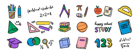 Math elements set, formulas and geometry, cute study kit, colorful, hand drawnのイラスト素材