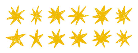 Hand drawn textured yellow stars set grunge line art designのイラスト素材