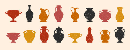 Textured ceramics vase silhouette set. Ancient amphora, greek antiques vases. Different old pottery and vessels, clay pitchers, jug. Creative decor flat vases shapesのイラスト素材