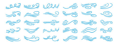 Airflow and wind lines set collection doodle hand drawn icon. Outline drawing breeze flow line clipart symbol.のイラスト素材