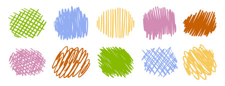 Colorful scribble backgrounds set. Hand drawn marker strokes. Abstract doodle textures for creative designのイラスト素材