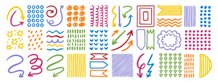 Colorful doodle design elements set, arrows, dots, lines and textures for creativeのイラスト素材
