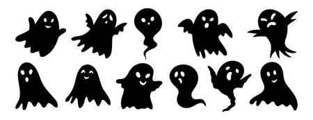 scary funny ghosts silhouette with faces set. Ghost Halloween decorative elements. Halloween silhouettes black ghost characterのイラスト素材
