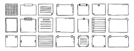 Notepad doodle messaging set, sticky note, hand drawn clipart for memo, reminder message office school label, stationery writing padのイラスト素材