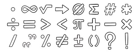 math symbols doodle hand drawn icon set. Outline drawing line clipart symbol collectionのイラスト素材