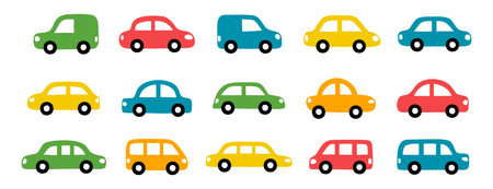 colorful cars set. Cute icons collection hand drawn doodle style for design of children kids room, clothes, fabricのイラスト素材