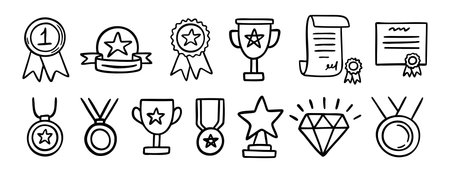 medal honor award related doodle hand drawn icon set. Outline drawing winner line clipart symbol collectionのイラスト素材