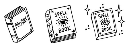 Magic books set, two spellbooks and book of poisons, monochrome line art hand drawn styleのイラスト素材