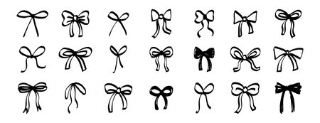 ribbon bow doodle hand drawn icon set. brush grunge textured bow element symbol collection.のイラスト素材