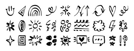 Black doodle icons featuring abstract shapes, spirals, arrows and playful dots for creative projects and modern layouts collection blends organic marks like swirls, stars and bubbles to addのイラスト素材