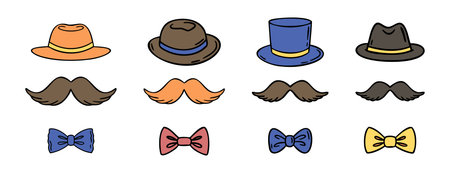 Set of mens hat mustache and bow tie variations, hand drawn doodleのイラスト素材
