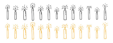 Hanukkah candles doodle hand drawn icon set. Outline Hanukkah candle flame drawing line clipart symbol collectionのイラスト素材
