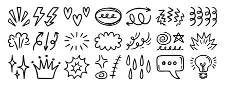 Set of random doodle sketch elements, decorative hand drawn icons for creative designのイラスト素材