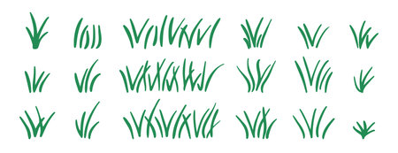 Doodle bunch of grass. Hand drawn lawn bush of grass icon hand drawn set. Outline grass line drawing clipart symbol collectionのイラスト素材